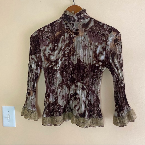 Y2K Lloyd Williams Blouse Woman Small Crinkle Sheer Lace Bell Sleeve Forestfairy - Picture 3 of 16